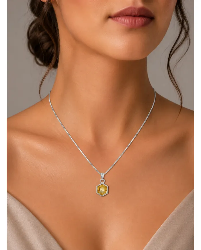 Hexagon Citrine Gemstone Pendant Necklace in 925 Sterling Silver