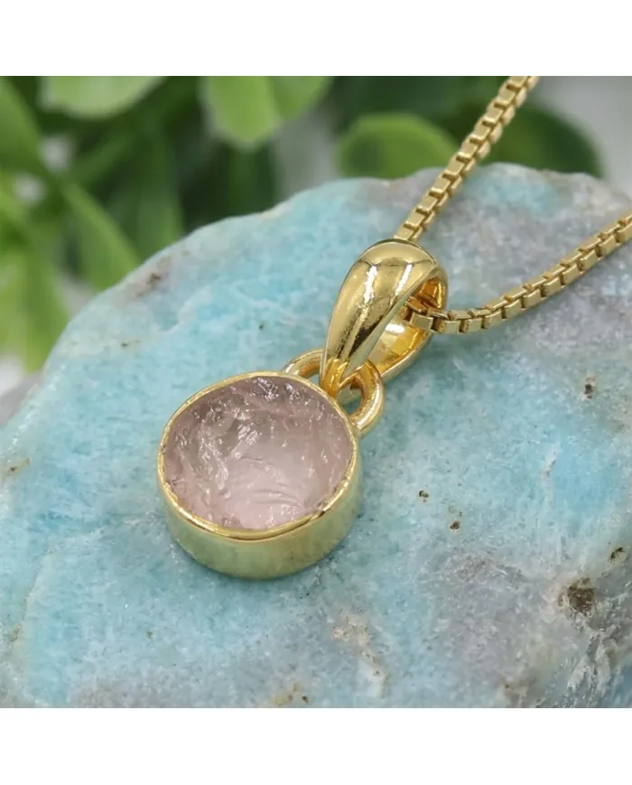 18K Gold-Plated Bezel-Set Raw Rose Quartz Pendant Necklace