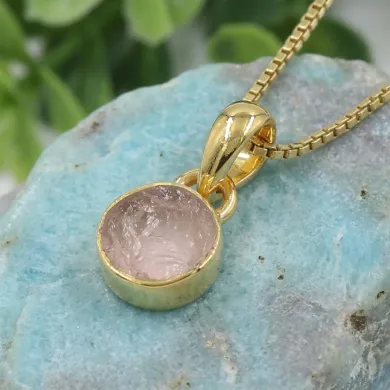 18K Gold-Plated Bezel-Set Raw Rose Quartz Pendant Necklace