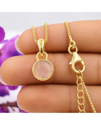 18K Gold-Plated Bezel-Set Raw Rose Quartz Pendant Necklace