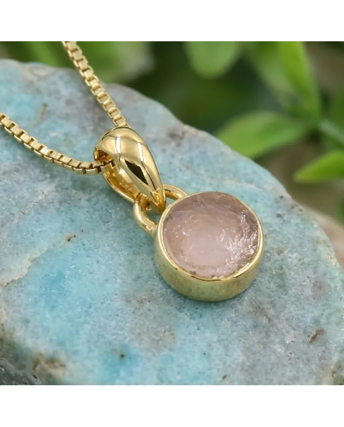 18K Gold-Plated Bezel-Set Raw Rose Quartz Pendant Necklace