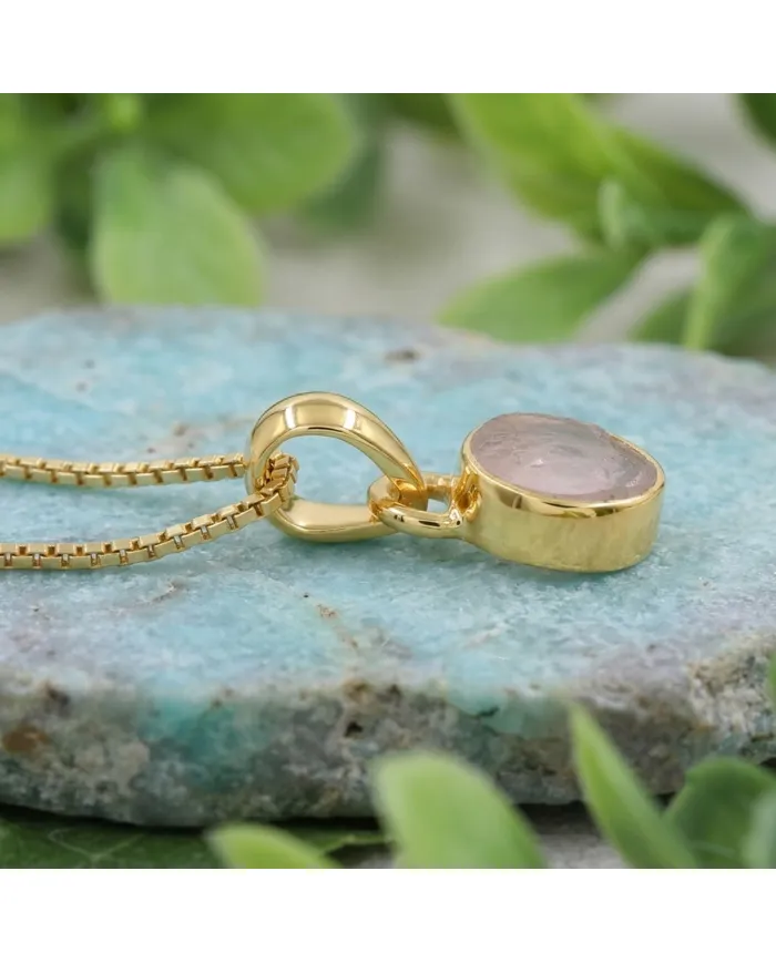 18K Gold-Plated Bezel-Set Raw Rose Quartz Pendant Necklace