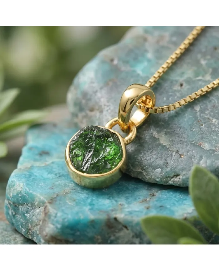 18K Gold-Plated Bezel-Set Raw Chrome Diopside Pendant Necklace