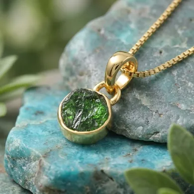 18K Gold-Plated Bezel-Set Raw Chrome Diopside Pendant Necklace