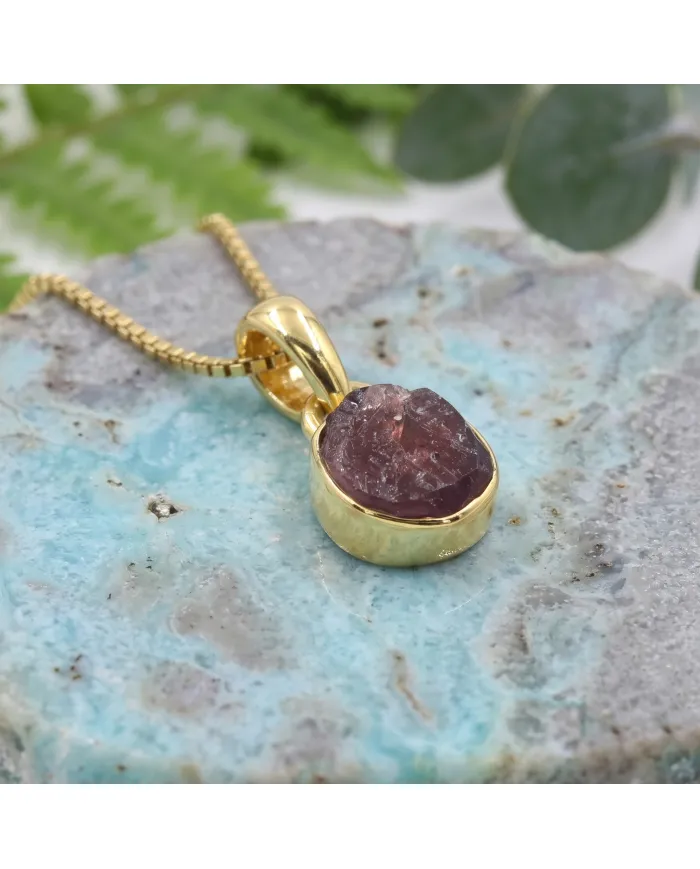 18K Gold-Plated Bezel-Set Raw Garnet Pendant Necklace