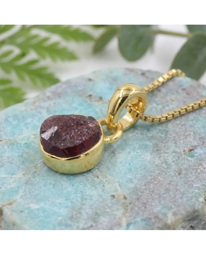 18K Gold-Plated Bezel-Set Raw Garnet Pendant Necklace