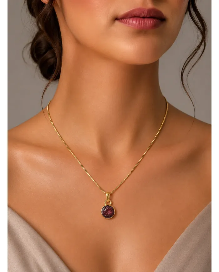 18K Gold-Plated Bezel-Set Raw Garnet Pendant Necklace