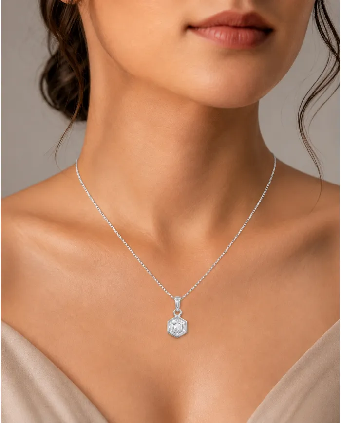 925 Sterling Silver Hexagon Crystal Pendant Necklace for Women