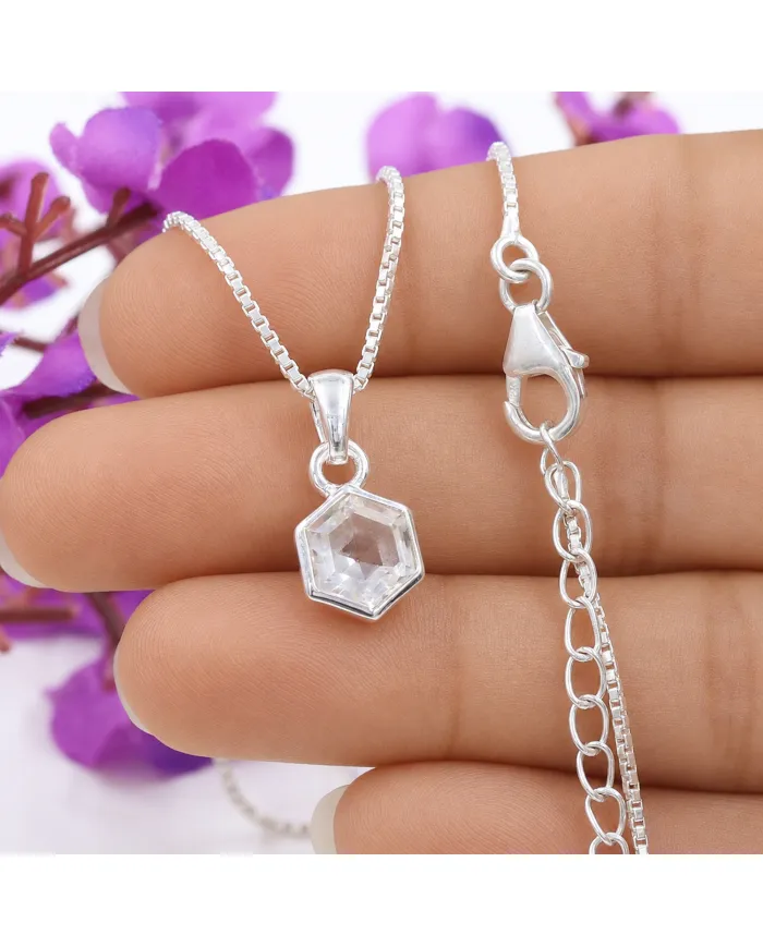 925 Sterling Silver Hexagon Crystal Pendant Necklace for Women