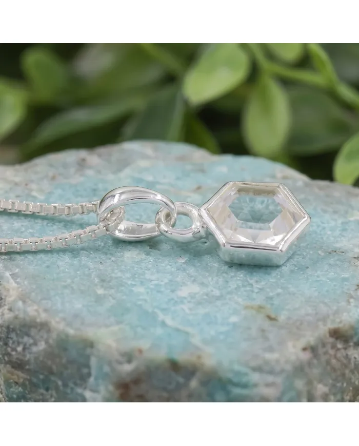 925 Sterling Silver Hexagon Crystal Pendant Necklace for Women