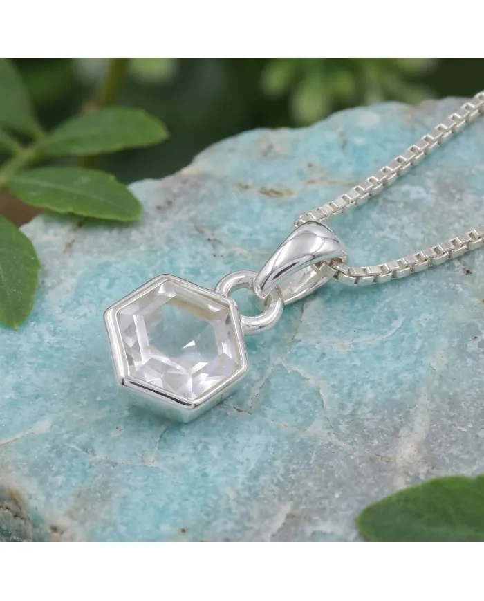 925 Sterling Silver Hexagon Crystal Pendant Necklace for Women