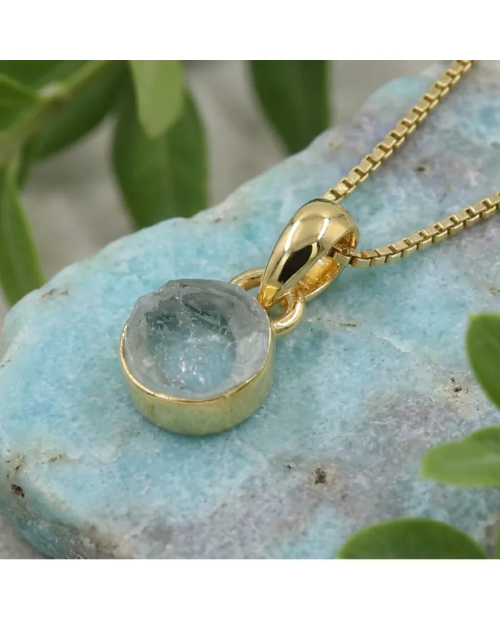 18K Gold-Plated Bezel-Set Raw Aquamarine Pendant Necklace