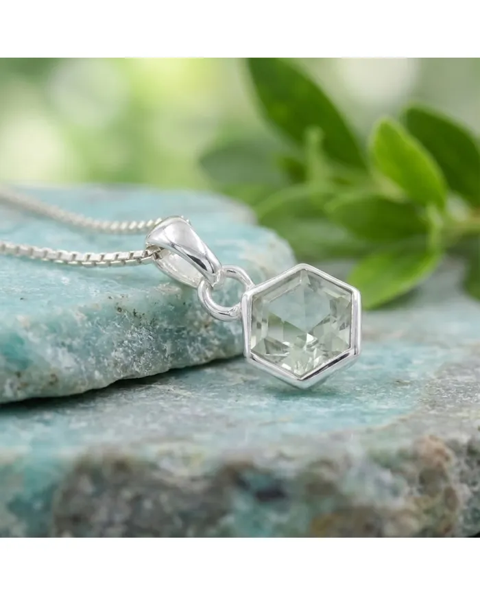 Hexagon Green Amethyst Pendant Necklace In 925 Sterling Silver