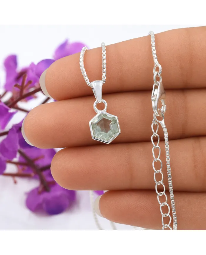 Hexagon Green Amethyst Pendant Necklace In 925 Sterling Silver