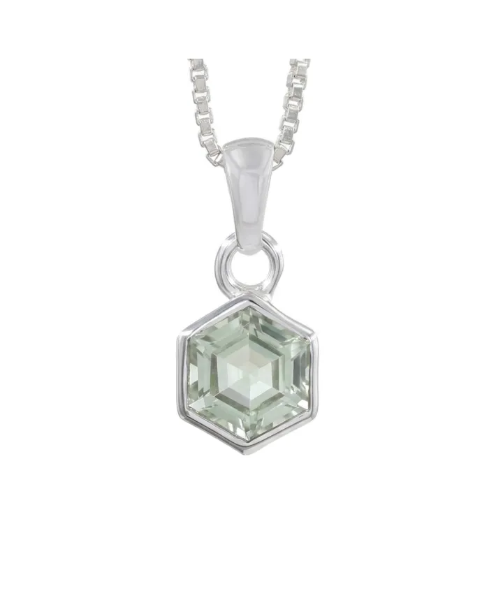 Hexagon Green Amethyst Pendant Necklace In 925 Sterling Silver