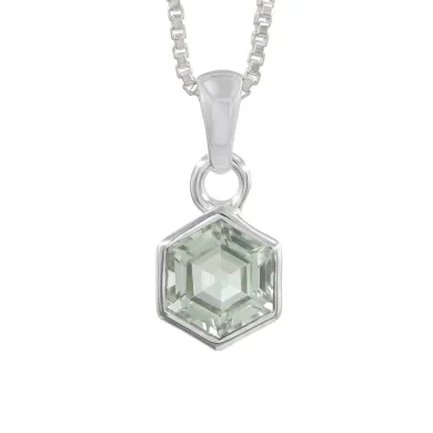 Hexagon Green Amethyst Pendant Necklace In 925 Sterling Silver