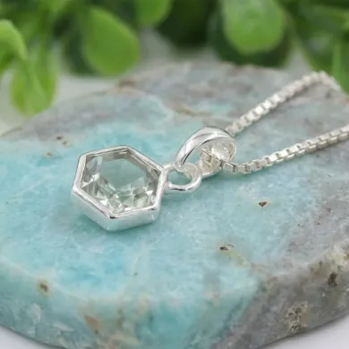 Hexagon Green Amethyst Pendant Necklace In 925 Sterling Silver