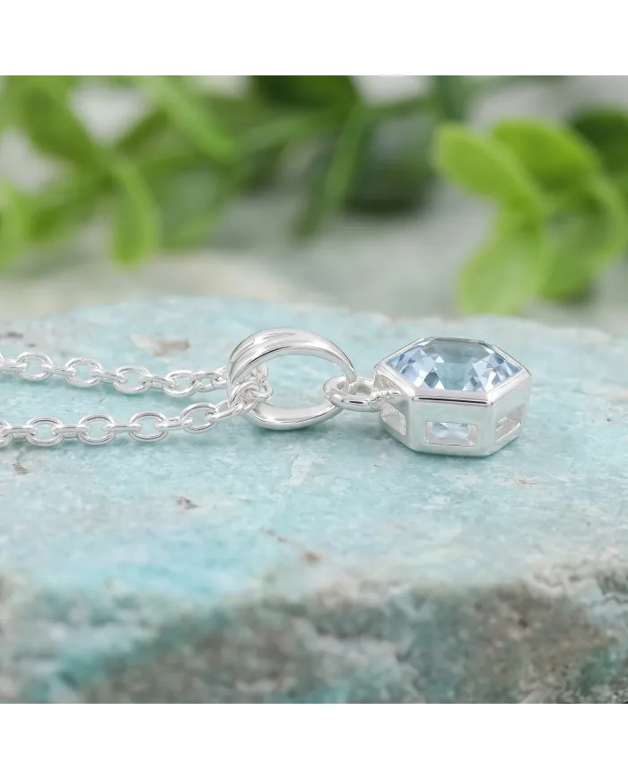 Hexagon Sky Blue Topaz Pendant Necklace In 925 Sterling Silver