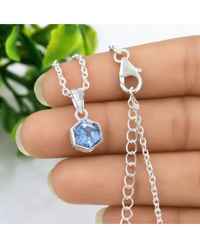 Hexagon Sky Blue Topaz Pendant Necklace In 925 Sterling Silver