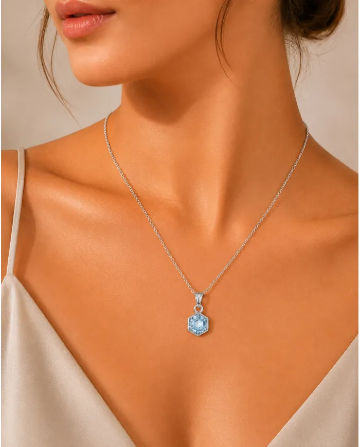 Hexagon Sky Blue Topaz Pendant Necklace In 925 Sterling Silver