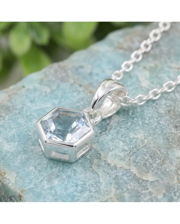Hexagon Sky Blue Topaz Pendant Necklace In 925 Sterling Silver