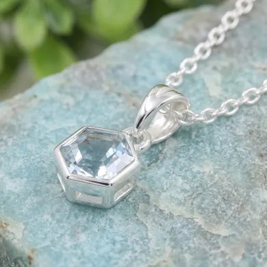 Hexagon Sky Blue Topaz Pendant Necklace In 925 Sterling Silver