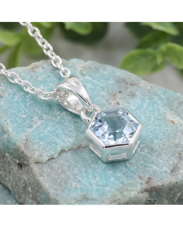 Hexagon Sky Blue Topaz Pendant Necklace In 925 Sterling Silver