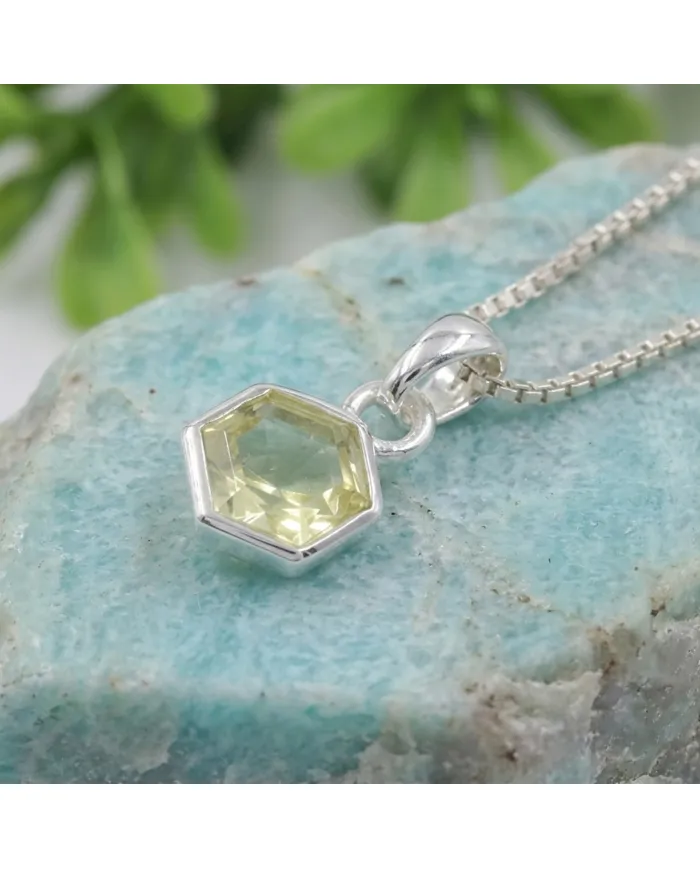 Hexagon Lemon Quartz Pendant Necklace In 925 Sterling Silver