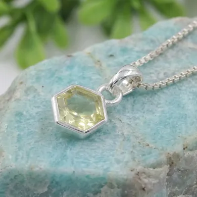 Hexagon Lemon Quartz Pendant Necklace In 925 Sterling Silver
