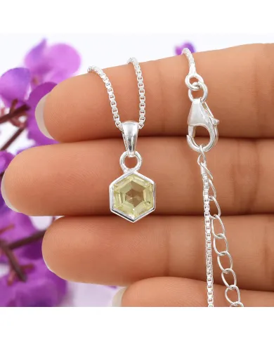 Hexagon Lemon Quartz Pendant Necklace In 925 Sterling Silver