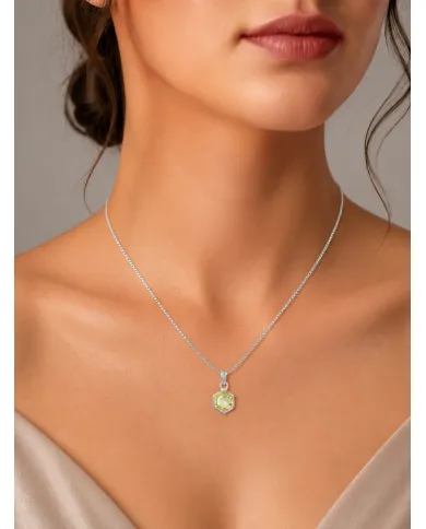 Hexagon Lemon Quartz Pendant Necklace In 925 Sterling Silver