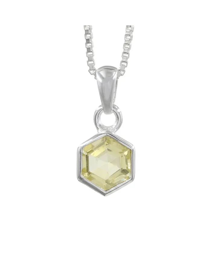 Hexagon Lemon Quartz Pendant Necklace In 925 Sterling Silver