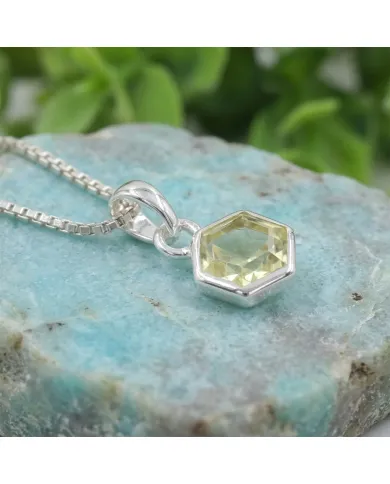 Hexagon Lemon Quartz Pendant Necklace In 925 Sterling Silver