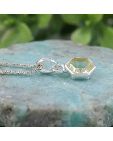 Hexagon Lemon Quartz Pendant Necklace In 925 Sterling Silver