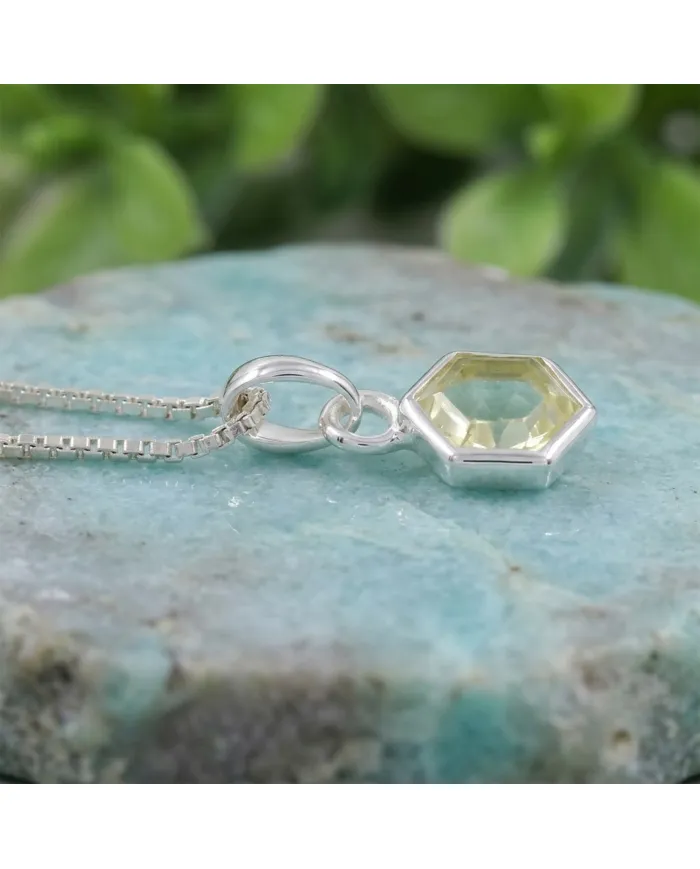 Hexagon Lemon Quartz Pendant Necklace In 925 Sterling Silver