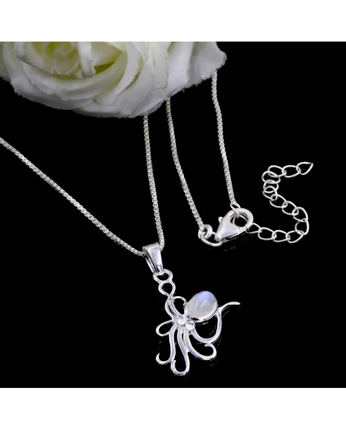Moonstone Octopus Pendant Necklace - 925 Sterling Silver Ocean Jewelry