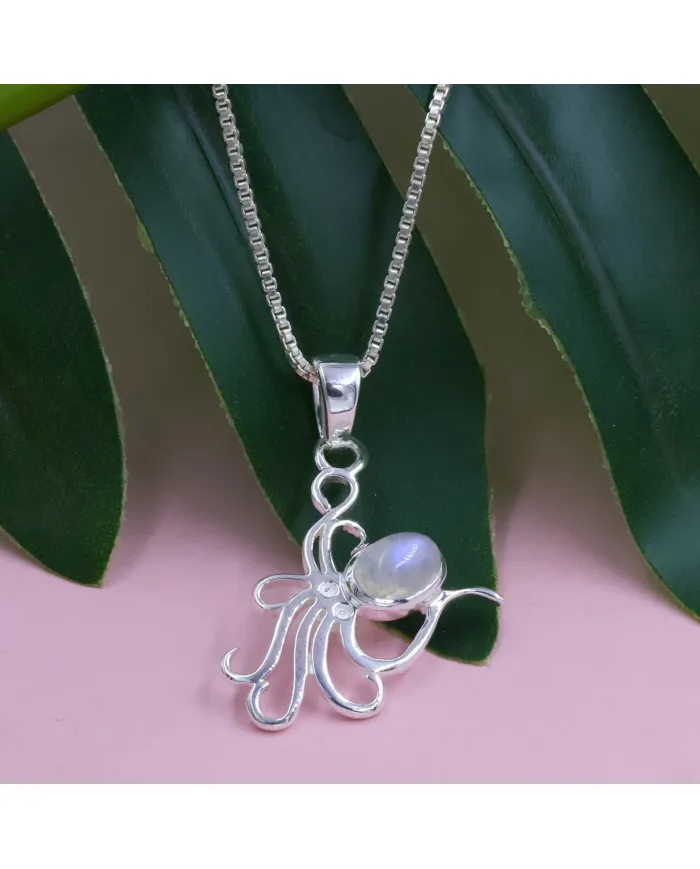 Moonstone Octopus Pendant Necklace - 925 Sterling Silver Ocean Jewelry