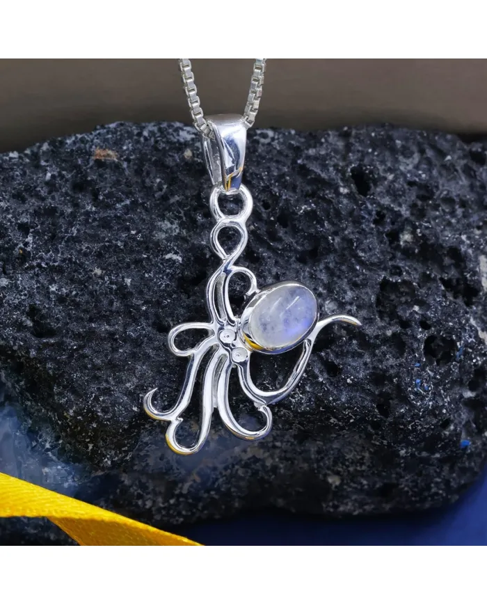 Moonstone Octopus Pendant Necklace - 925 Sterling Silver Ocean Jewelry