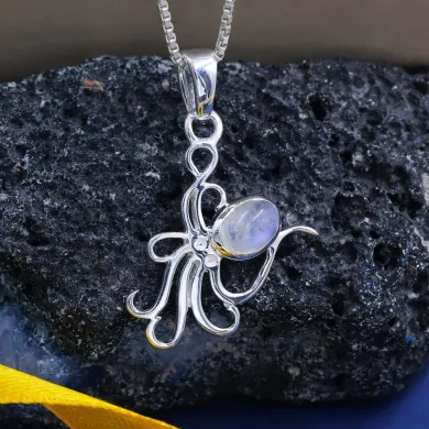 Moonstone Octopus Pendant Necklace - 925 Sterling Silver Ocean Jewelry