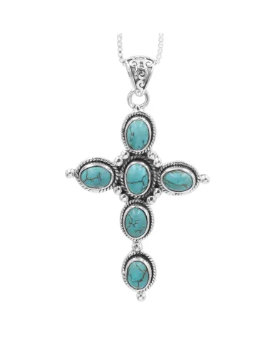 Tibetan Turquoise Cross Pendant - 925 Silver Gemstone Jewelry