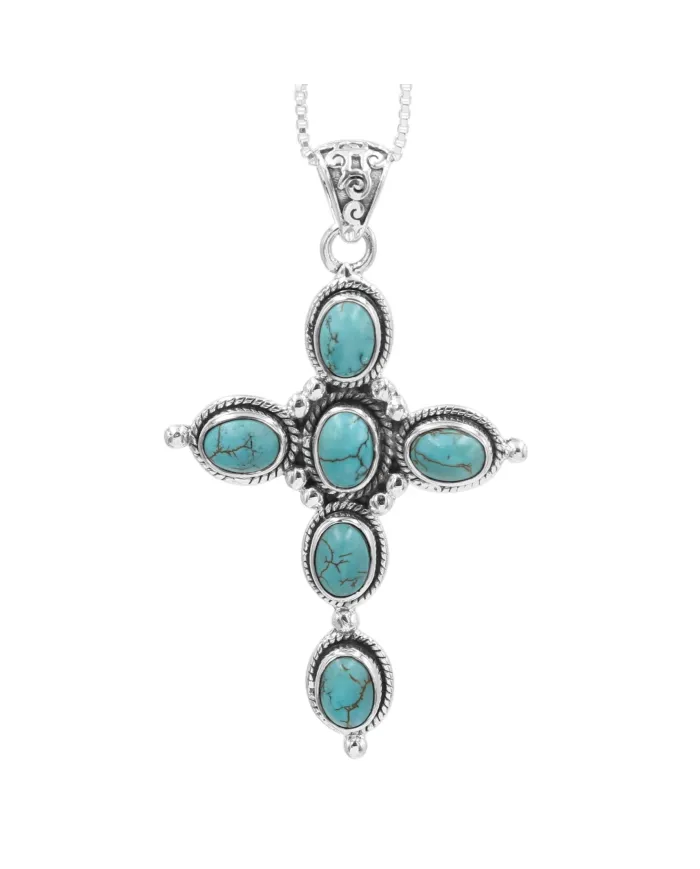 Tibetan Turquoise Cross Pendant - 925 Silver Gemstone Jewelry