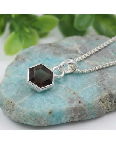 Hexagon Smoky Quartz Pendant Necklace In 925 Sterling Silver