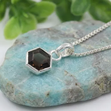 Hexagon Smoky Quartz Pendant Necklace In 925 Sterling Silver