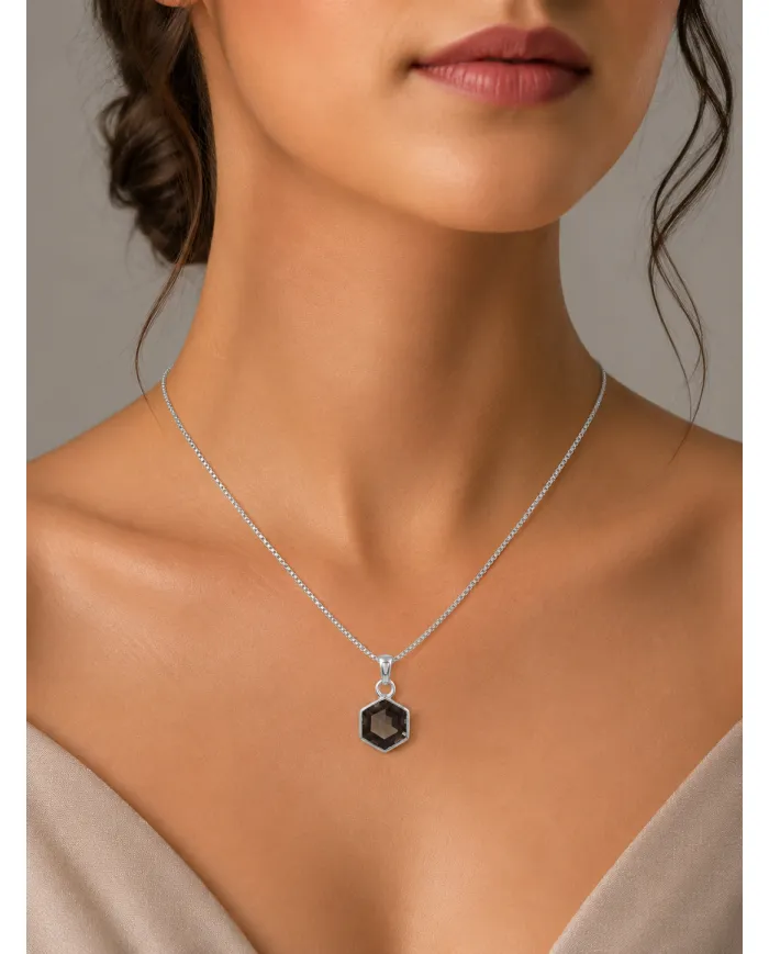 Hexagon Smoky Quartz Pendant Necklace In 925 Sterling Silver