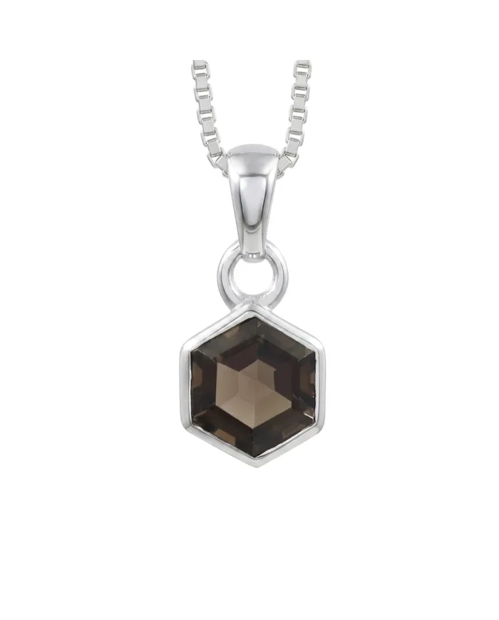 Hexagon Smoky Quartz Pendant Necklace In 925 Sterling Silver