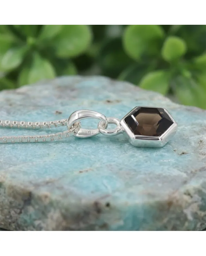 Hexagon Smoky Quartz Pendant Necklace In 925 Sterling Silver