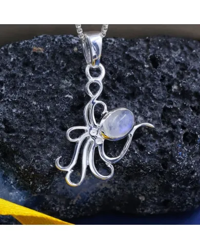 Moonstone Octopus Pendant Necklace - 925 Sterling Silver Ocean Jewelry