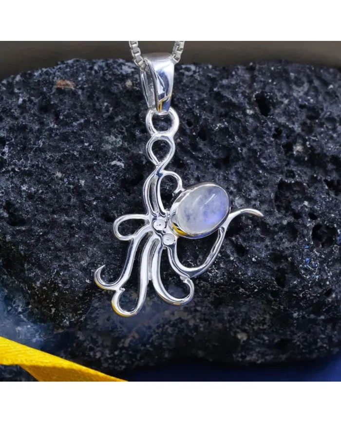 Moonstone Octopus Pendant Necklace - 925 Sterling Silver Ocean Jewelry