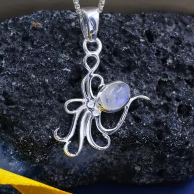 Moonstone Octopus Pendant Necklace - 925 Sterling Silver Ocean Jewelry