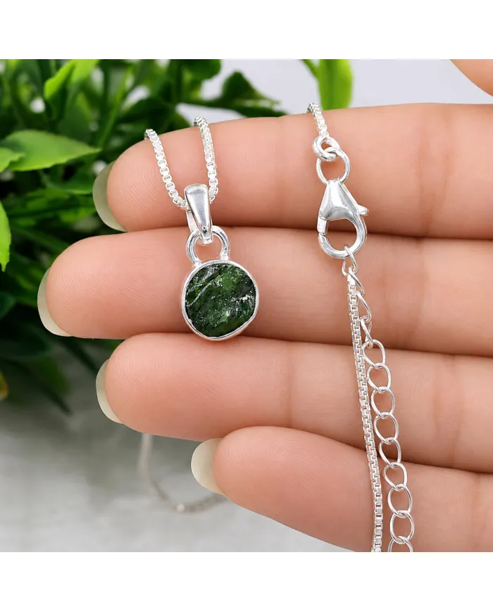 Raw Chrome Diopside Pendant Necklace - 925 Sterling Silver Jewelry